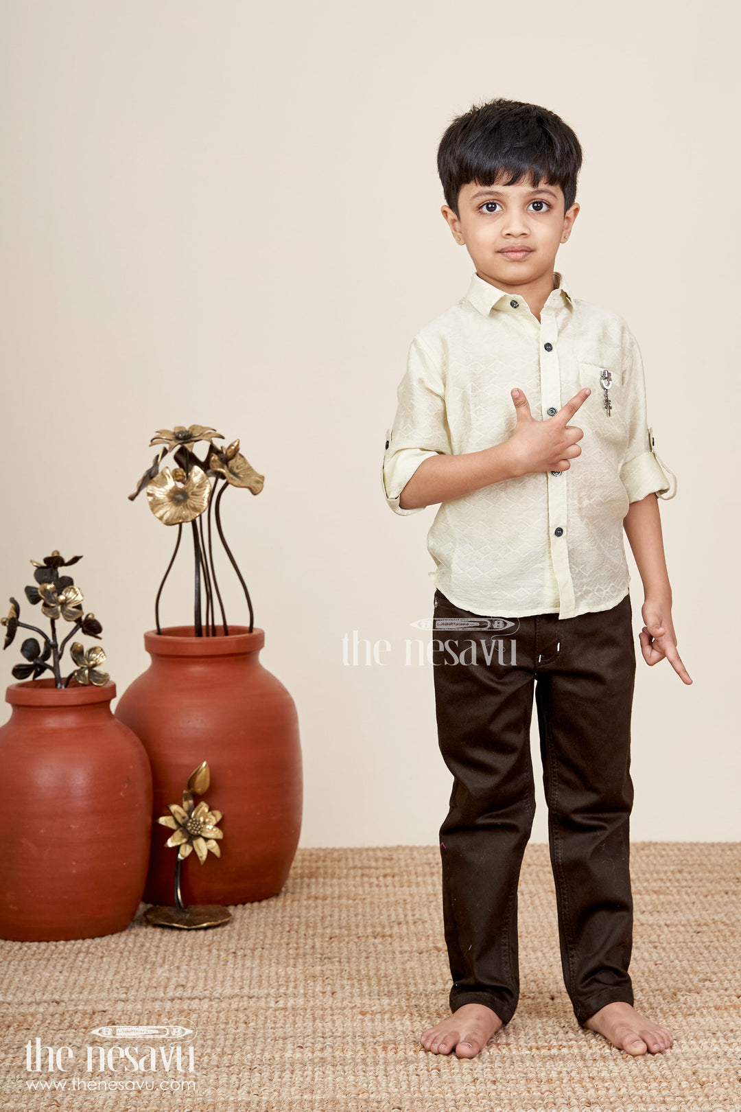 The Nesavu Boys Casual Set Boys beige and black cotton casual shirt and pants set Nesavu 16 (1Y) / Green BCS399A-16 Nesavu boys cotton blend shirt and pant set in beige and black casual festive outfit for toddlers