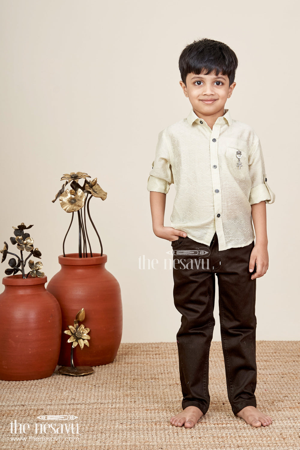 The Nesavu Boys Casual Set Boys beige and black cotton casual shirt and pants set Nesavu Nesavu boys cotton blend shirt and pant set in beige and black casual festive outfit for toddlers