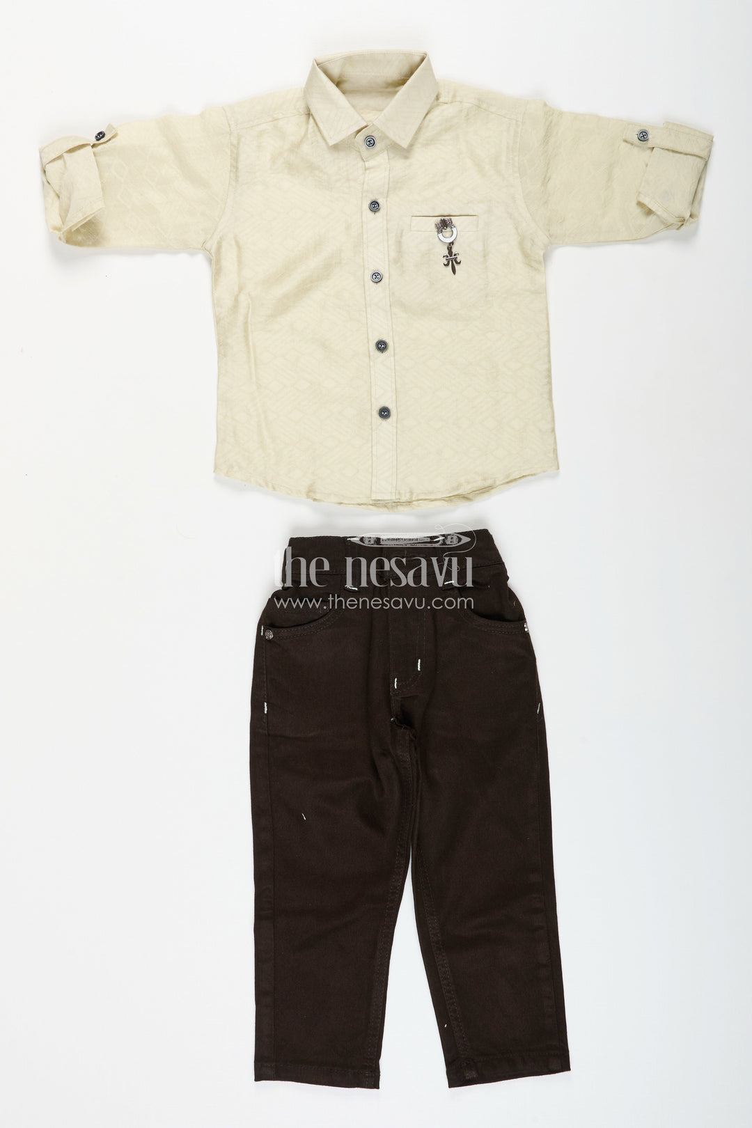The Nesavu Boys Casual Set Boys beige and black cotton casual shirt and pants set Nesavu Nesavu boys cotton blend shirt and pant set in beige and black casual festive outfit for toddlers