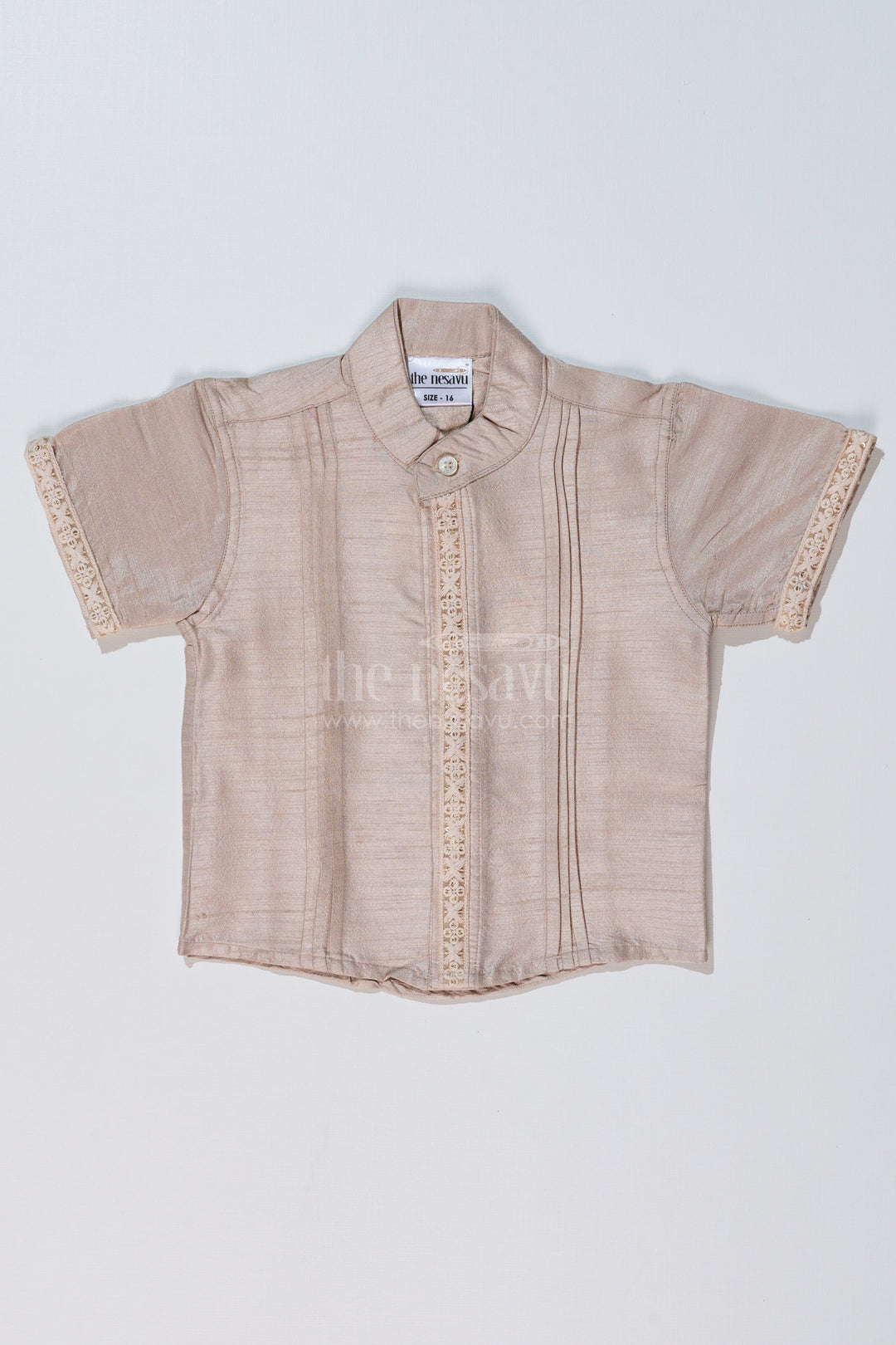 The Nesavu Boys Silk Shirt Boys Beige Half Shirt in Silk Blend with Embroidered Borders for Festive and Traditional Wear Nesavu 16 (1Y) / Beige BS233A-16 Nesavu Boys Beige Silk Half Shirt Embroidered Borders Traditional Festive Wear