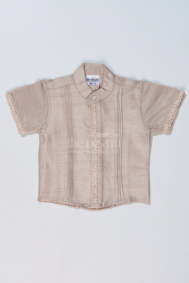 The Nesavu Boys Silk Shirt Boys Beige Half Shirt in Silk Blend with Embroidered Borders for Festive and Traditional Wear Nesavu 16 (1Y) / Beige BS233A-16 Nesavu Boys Beige Silk Half Shirt Embroidered Borders Traditional Festive Wear