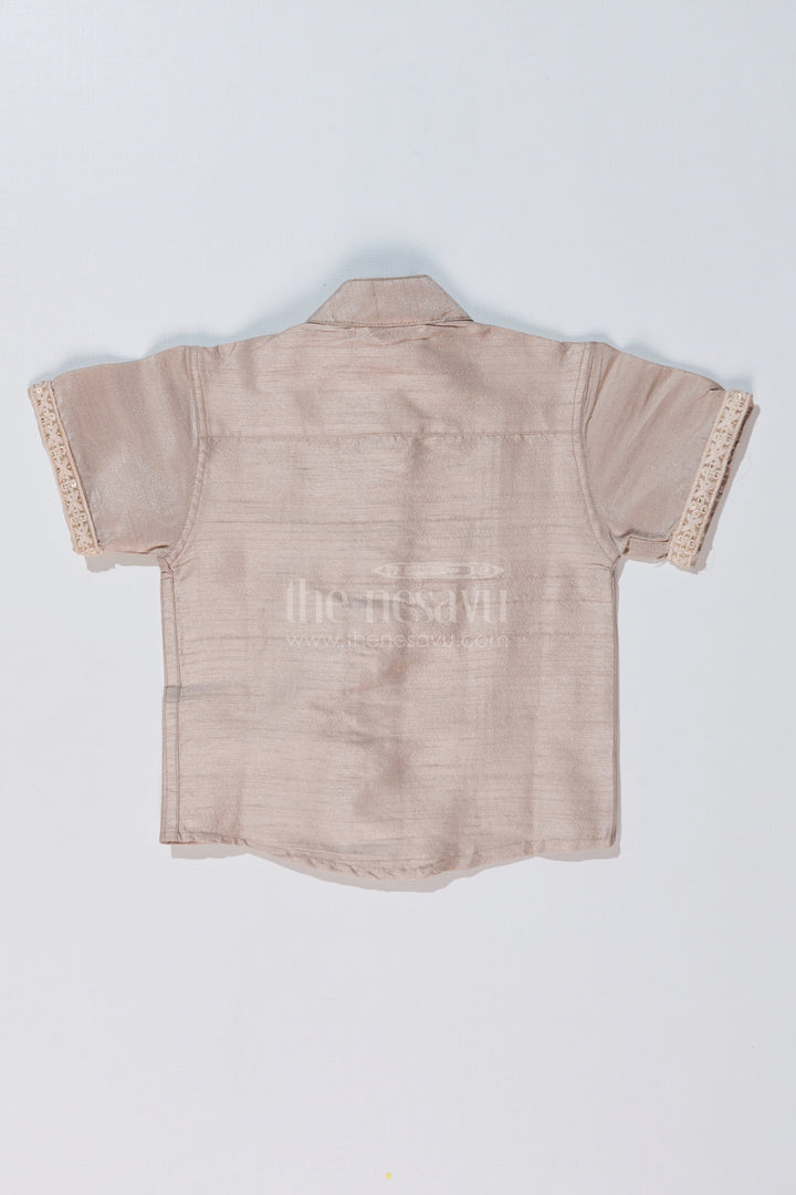 The Nesavu Boys Silk Shirt Boys Beige Half Shirt in Silk Blend with Embroidered Borders for Festive and Traditional Wear Nesavu Nesavu Boys Beige Silk Half Shirt Embroidered Borders Traditional Festive Wear