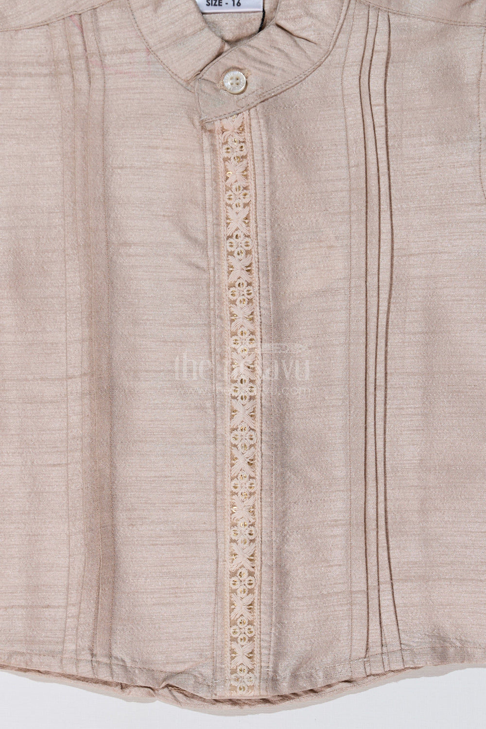 The Nesavu Boys Silk Shirt Boys Beige Half Shirt in Silk Blend with Embroidered Borders for Festive and Traditional Wear Nesavu Nesavu Boys Beige Silk Half Shirt Embroidered Borders Traditional Festive Wear