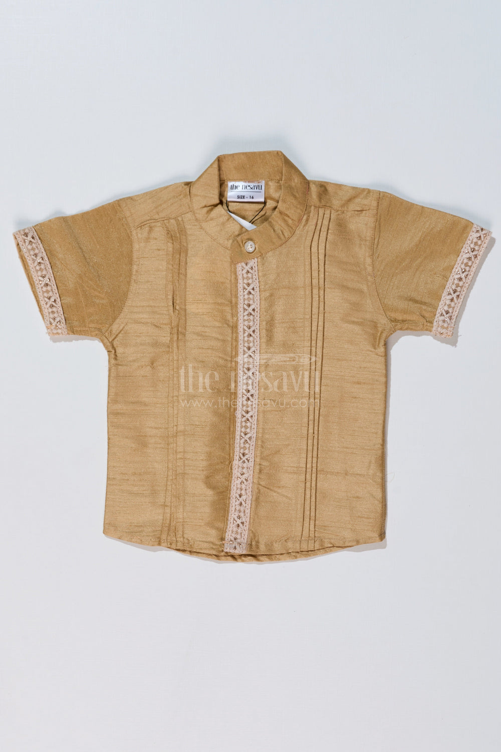The Nesavu Boys Silk Shirt Boys Beige Silk Shirt with Elegant Embroidery and Short Sleeves for Festive and Traditional Wear Nesavu 16 (1Y) / Beige BS226A-16 Nesavu Boys Beige Silk Shirt Elegant Embroidery Short Sleeves Traditional Festive Wear