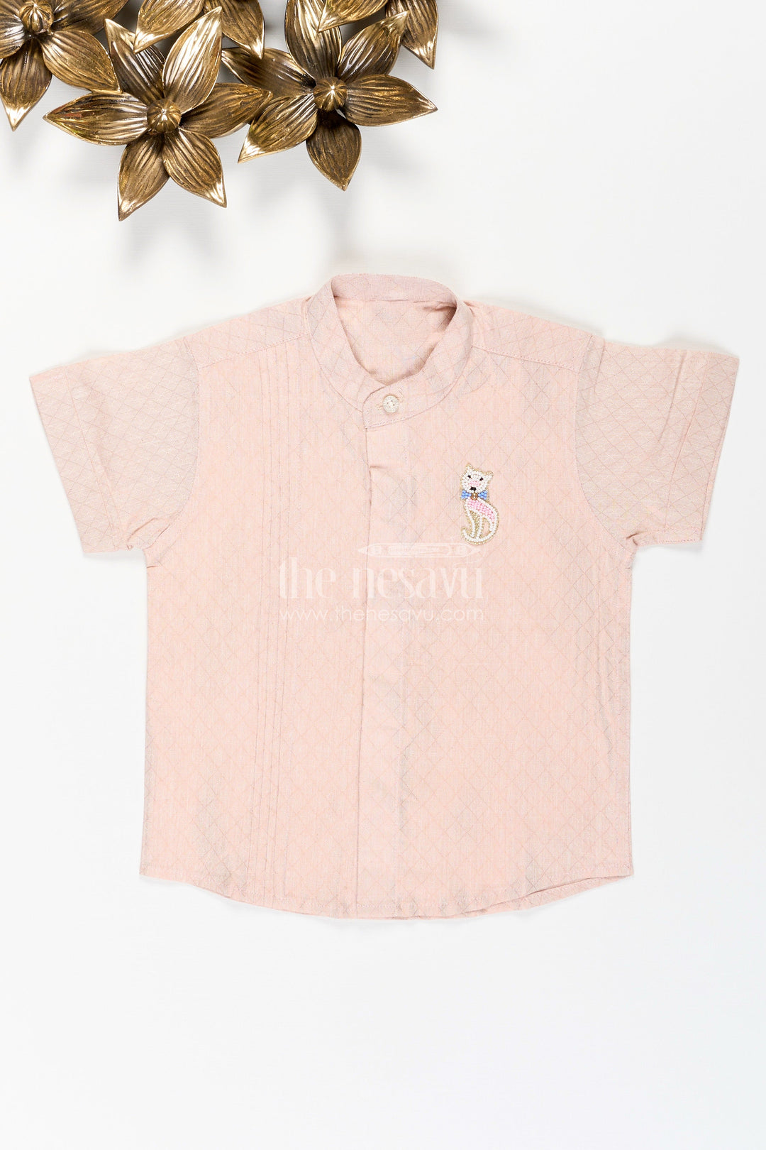 The Nesavu Boys Cotton Shirt Boys Beige Tissue Kurta Shirt Nesavu 16 (1Y) / Beige BS299A-16 Nesavu Boys Beige Tissue Short Kurta Ethnic Shirt Weddings Festivals