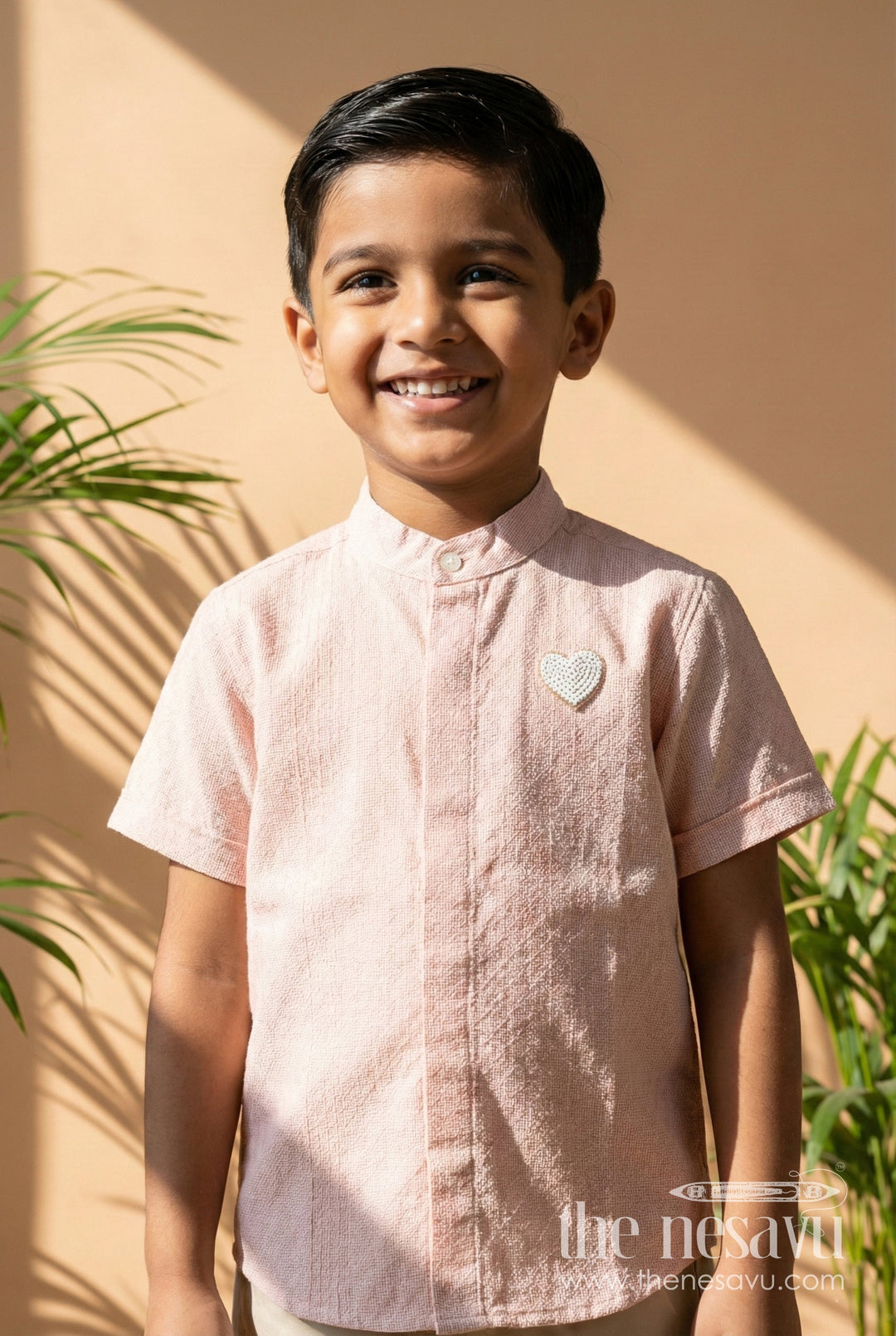The Nesavu Boys Cotton Shirt Boys Beige Tissue Kurta Shirt Nesavu 16 (1Y) / Beige BS299A-16 Nesavu Boys Beige Tissue Short Kurta Ethnic Shirt Weddings Festivals