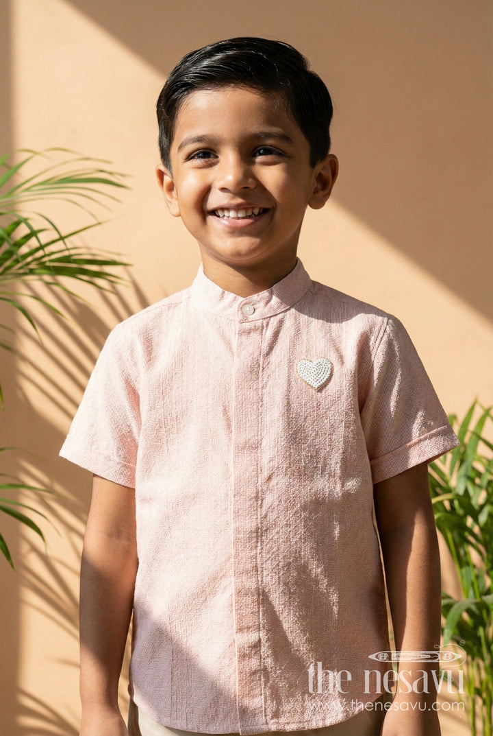 The Nesavu Boys Cotton Shirt Boys Beige Tissue Kurta Shirt Nesavu 16 (1Y) / Beige BS299A-16 Nesavu Boys Beige Tissue Short Kurta Ethnic Shirt Weddings Festivals