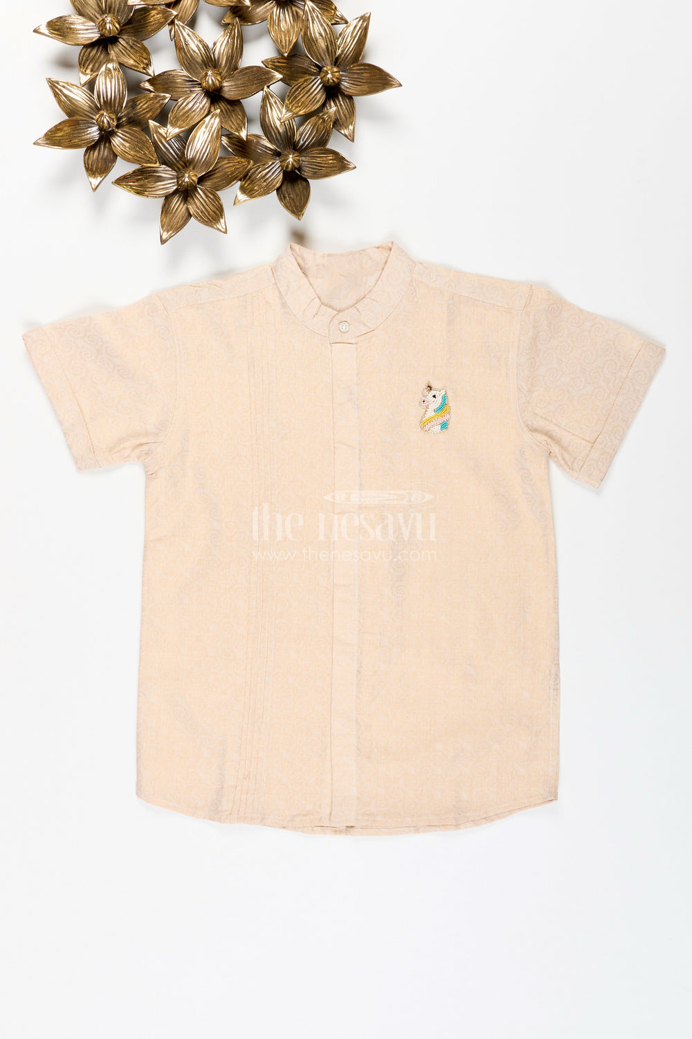 The Nesavu Boys Cotton Shirt Boys Beige Tissue Short Kurta Shirt Nesavu 16 (1Y) / Beige BS298A-16 Nesavu Boys Beige Tissue Shirt Collar Ideal Weddings Family Functions
