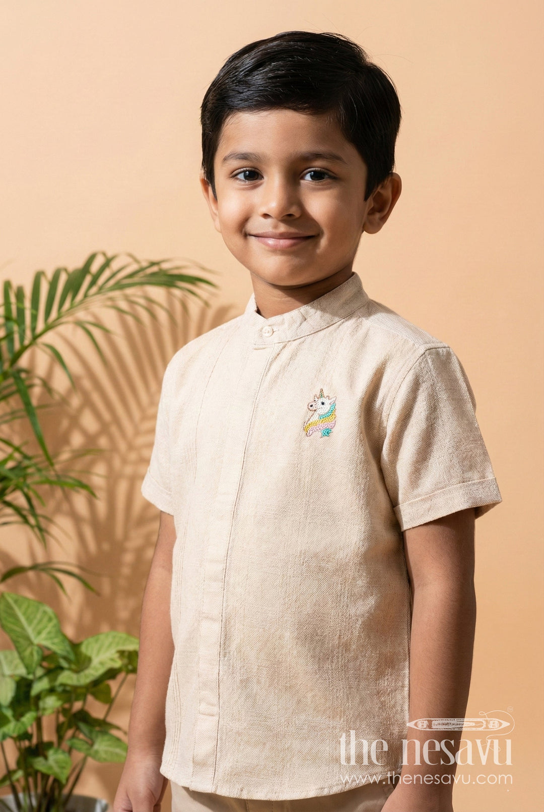 The Nesavu Boys Cotton Shirt Boys Beige Tissue Short Kurta Shirt Nesavu 16 (1Y) / Beige BS298A-16 Nesavu Boys Beige Tissue Shirt Collar Ideal Weddings Family Functions