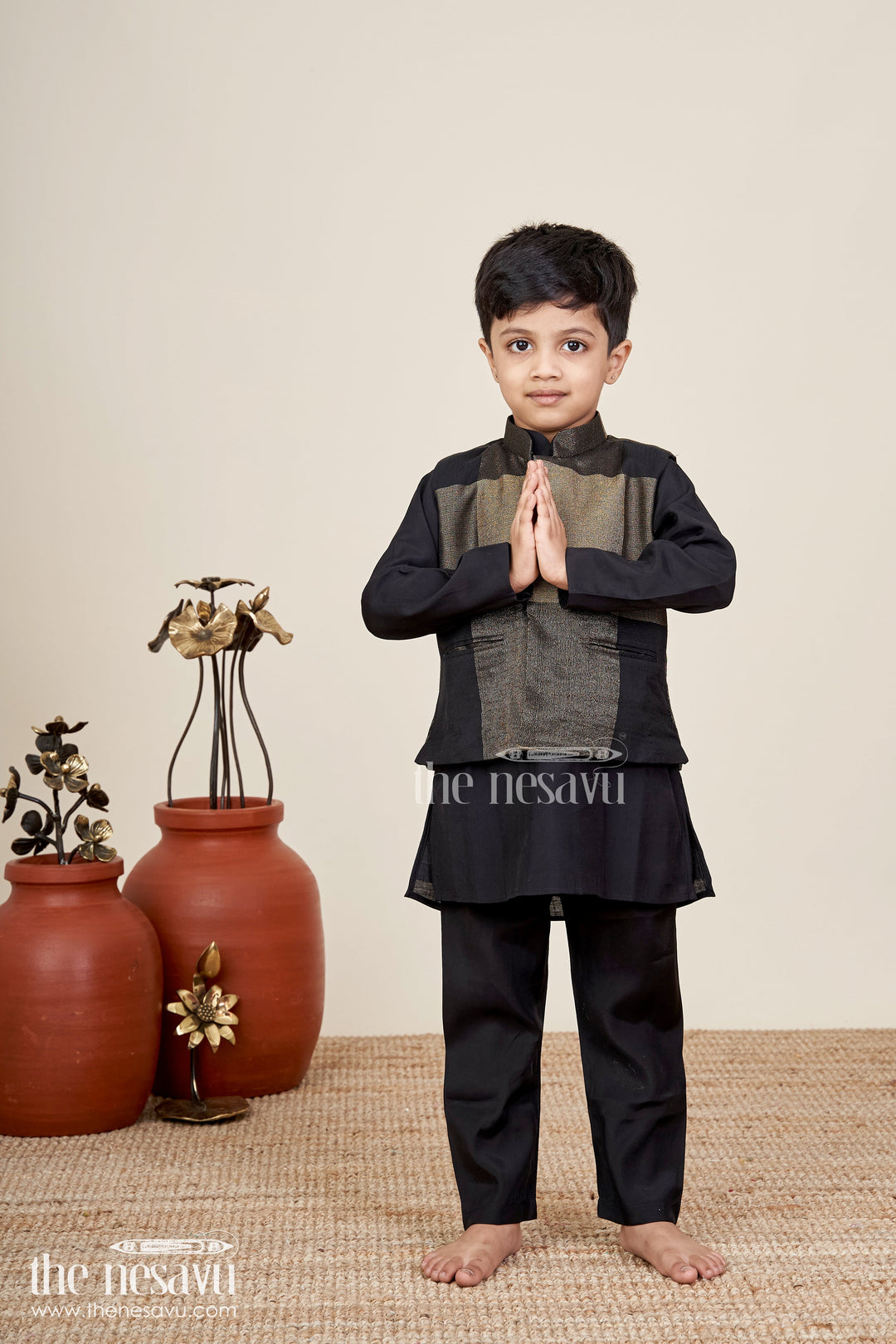 The Nesavu Boys black and gold checkered jacket set for evening functions Nesavu 18 (2Y) / Black BES736A-18 Nesavu boys black gold checkered jacket set  stylish ethnic wear receptions evening events