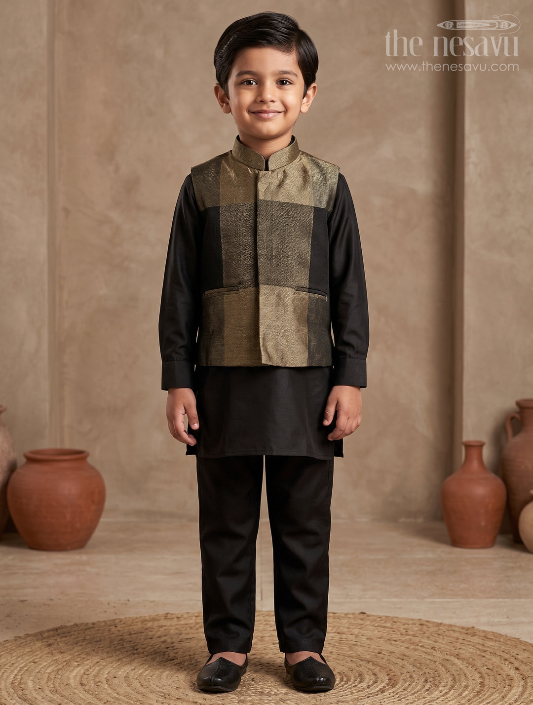 The Nesavu Boys Jacket Sets Boys Black and Gold Checkered Jacket Set for Evening Functions Nesavu 16 (1Y) / Black BES736A-16 Nesavu boys black gold checkered jacket set  stylish ethnic wear receptions evening events