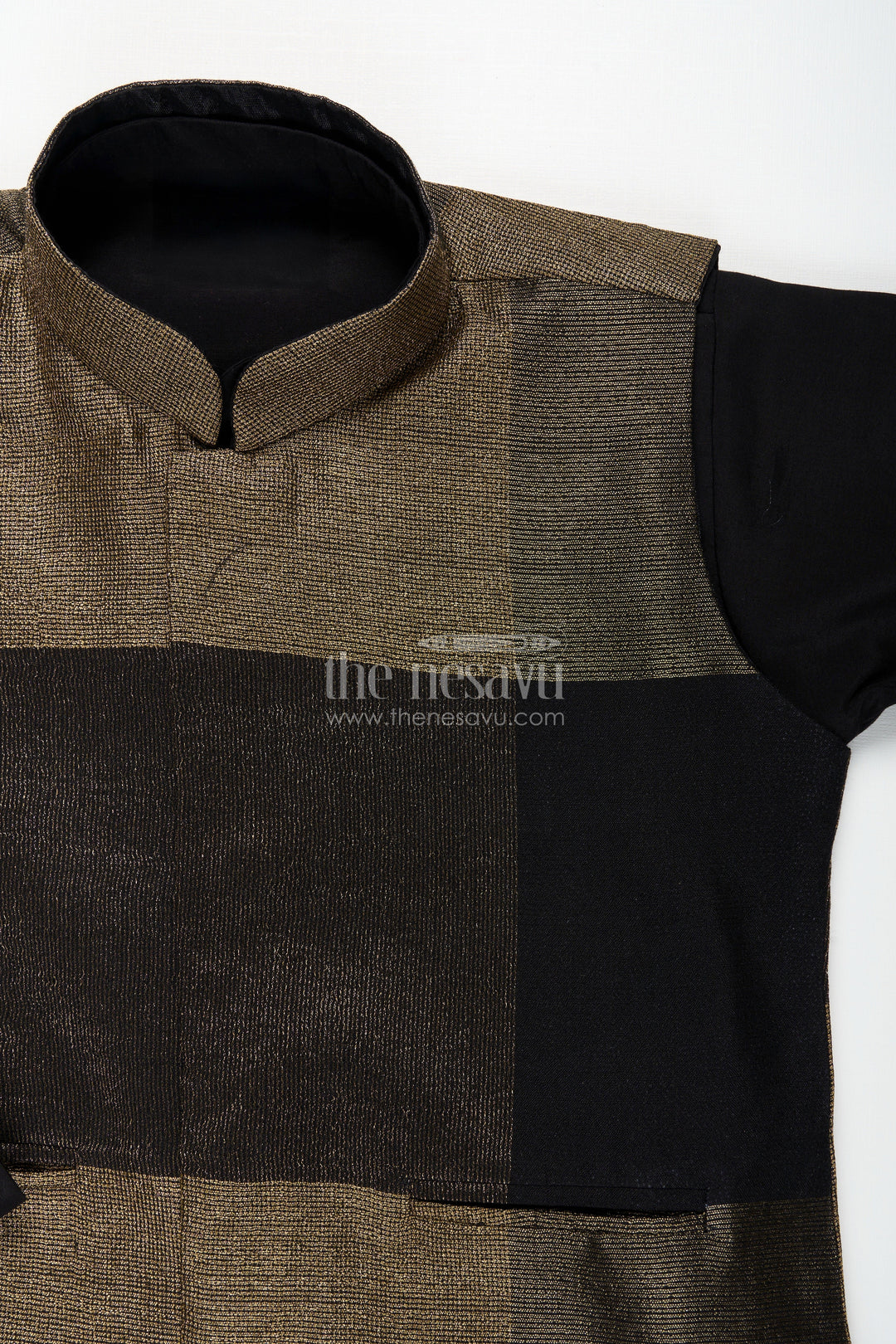 The Nesavu Boys Jacket Sets Boys black and gold checkered jacket set for evening functions Nesavu Nesavu boys black gold checkered jacket set  stylish ethnic wear receptions evening events