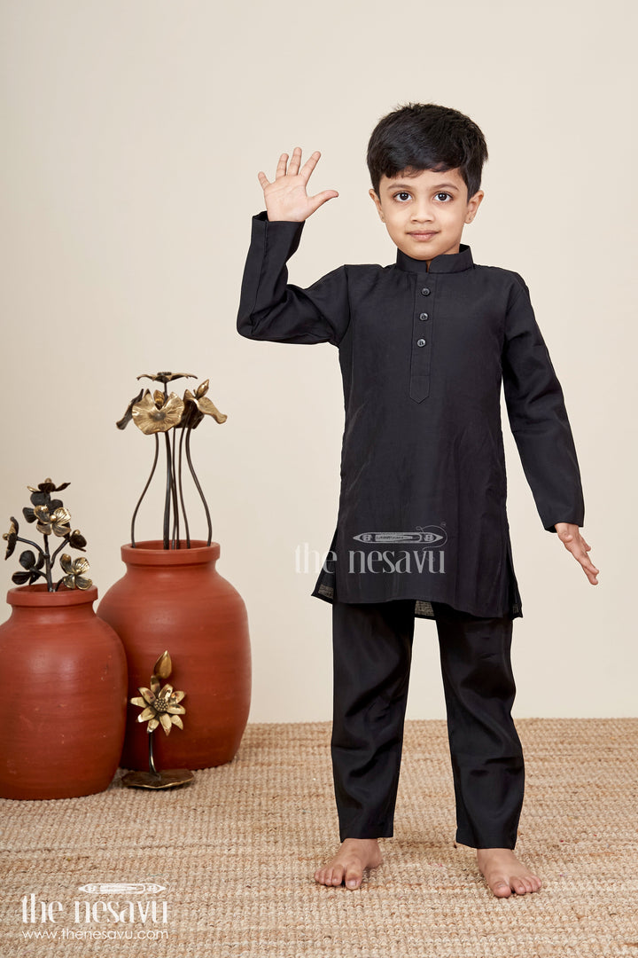 The Nesavu Boys black and gold checkered jacket set for evening functions Nesavu Nesavu boys black gold checkered jacket set  stylish ethnic wear receptions evening events