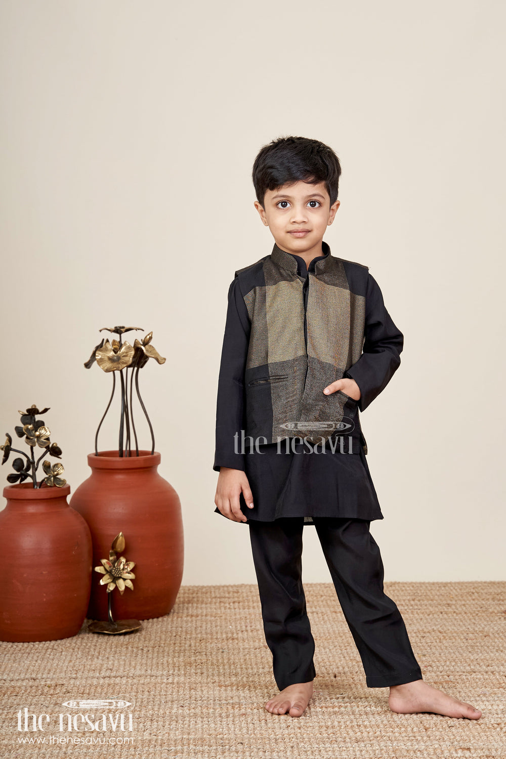The Nesavu Boys black and gold checkered jacket set for evening functions Nesavu Nesavu boys black gold checkered jacket set  stylish ethnic wear receptions evening events