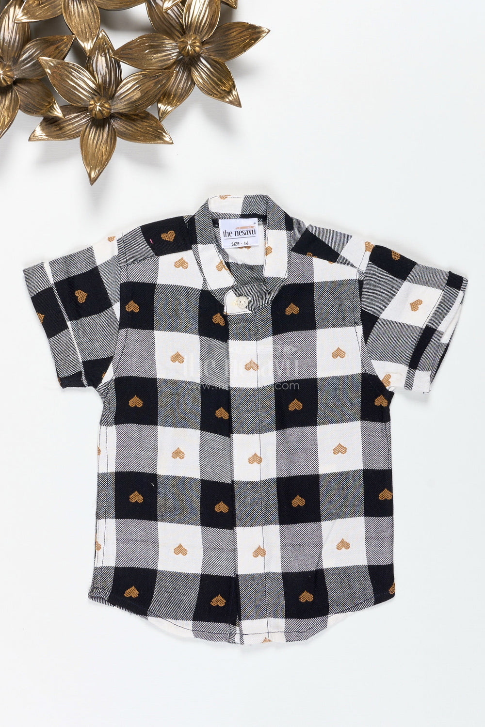 The Nesavu Boys Cotton Shirt Boys Black and White Checkered Shirt with Heart Motif for Outings and Casual Wear Nesavu 16 (1Y) / White BS309A-16 Nesavu Boys Checkered Cotton Shirt Heart Motifs Casual Wear Birthdays Outings
