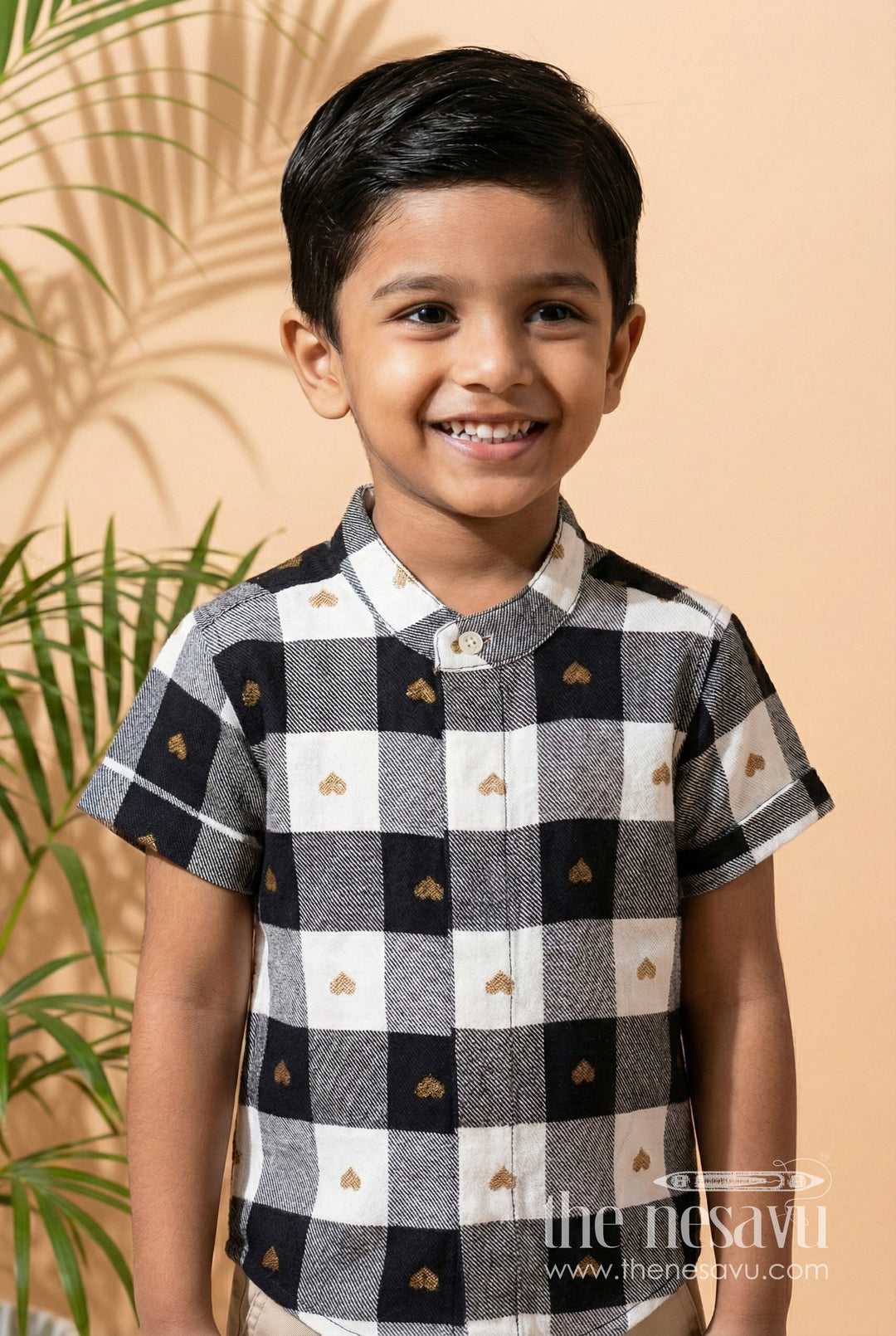 The Nesavu Boys Cotton Shirt Boys Black and White Checkered Shirt with Heart Motif for Outings and Casual Wear Nesavu 16 (1Y) / White BS309A-16 Nesavu Boys Checkered Cotton Shirt Heart Motifs Casual Wear Birthdays Outings