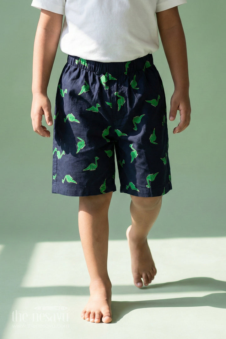 The Nesavu Boys Shorts Boys Black Cotton Drawstring Shorts with Bright Green Dinosaur Print and All Over Comfort Design Nesavu 18 (2Y) / Green BWS040A-18 Nesavu Boys Black Cotton Drawstring Shorts Green Dinosaur Print Flexible Soft Fit