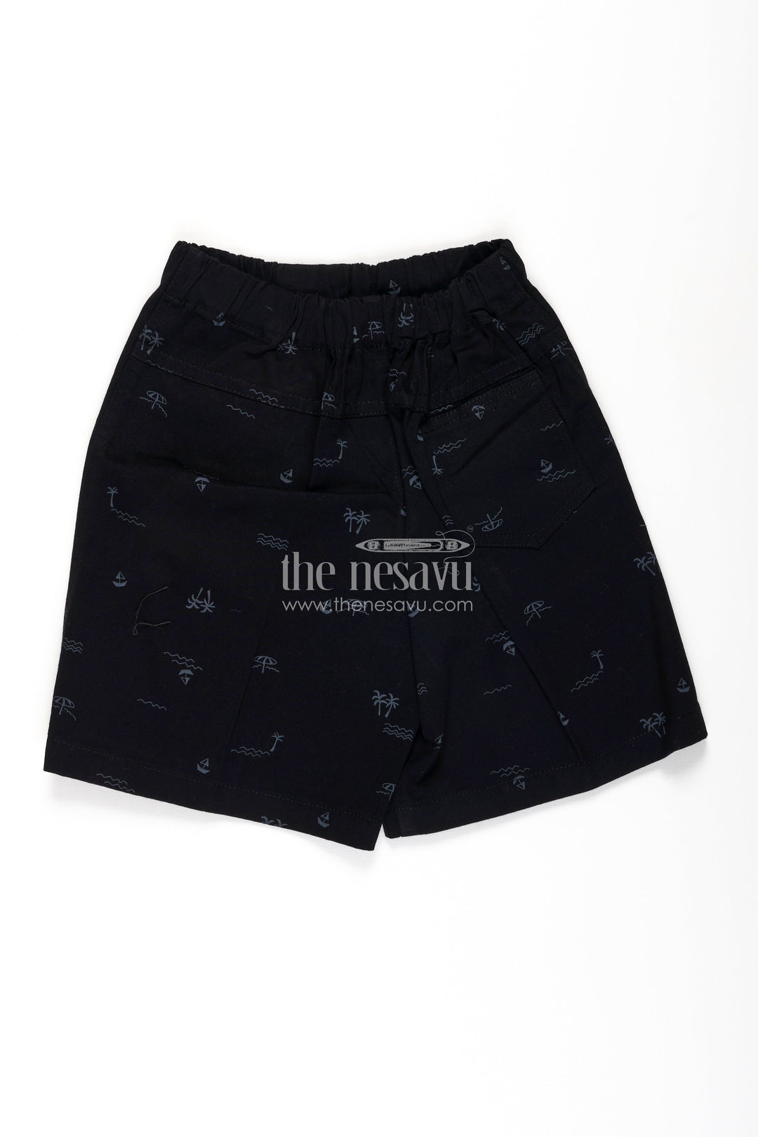 The Nesavu Boys Shorts Boys Black Cotton Little Shorts with Beach Theme Digital Print and Soft Fit Elastic Waistband Nesavu Nesavu Boys Black Cotton Little Shorts Beach Print Comfortable Soft Fit Everyday Wear