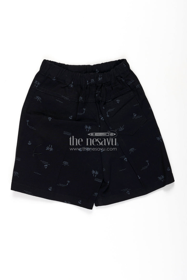 The Nesavu Boys Shorts Boys Black Cotton Little Shorts with Beach Theme Digital Print and Soft Fit Elastic Waistband Nesavu Nesavu Boys Black Cotton Little Shorts Beach Print Comfortable Soft Fit Everyday Wear