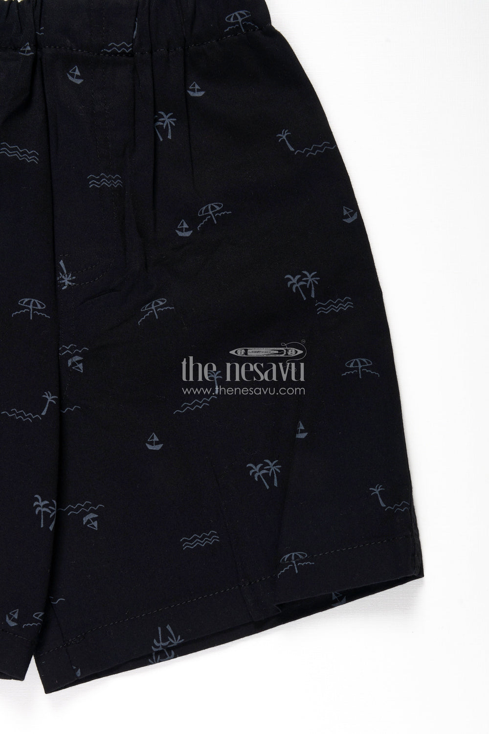 The Nesavu Boys Shorts Boys Black Cotton Little Shorts with Beach Theme Digital Print and Soft Fit Elastic Waistband Nesavu Nesavu Boys Black Cotton Little Shorts Beach Print Comfortable Soft Fit Everyday Wear