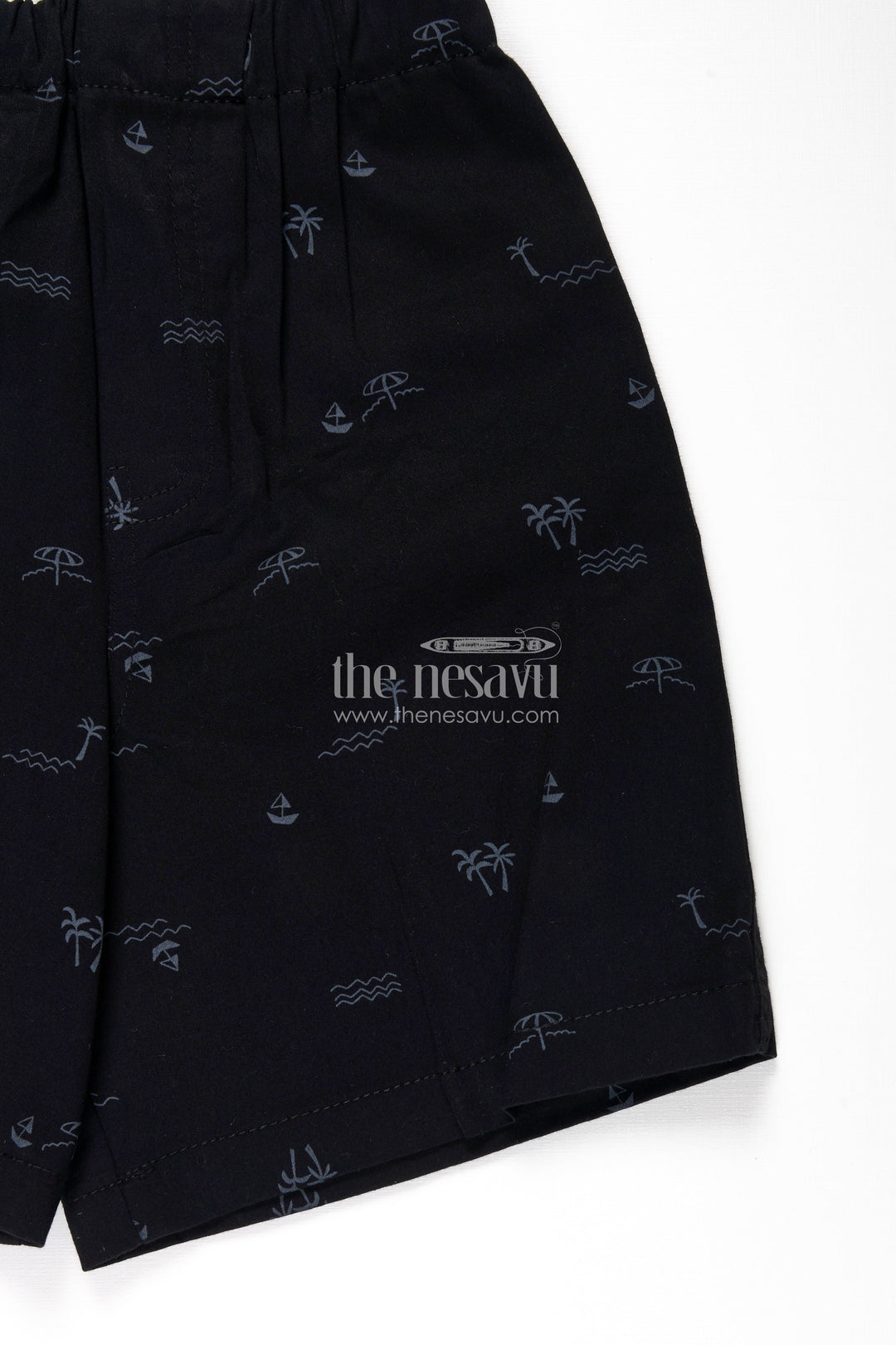 The Nesavu Boys Shorts Boys Black Cotton Little Shorts with Beach Theme Digital Print and Soft Fit Elastic Waistband Nesavu Nesavu Boys Black Cotton Little Shorts Beach Print Comfortable Soft Fit Everyday Wear