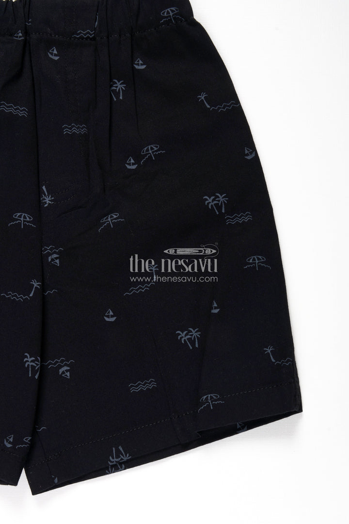 The Nesavu Boys Shorts Boys Black Cotton Little Shorts with Beach Theme Digital Print and Soft Fit Elastic Waistband Nesavu Nesavu Boys Black Cotton Little Shorts Beach Print Comfortable Soft Fit Everyday Wear