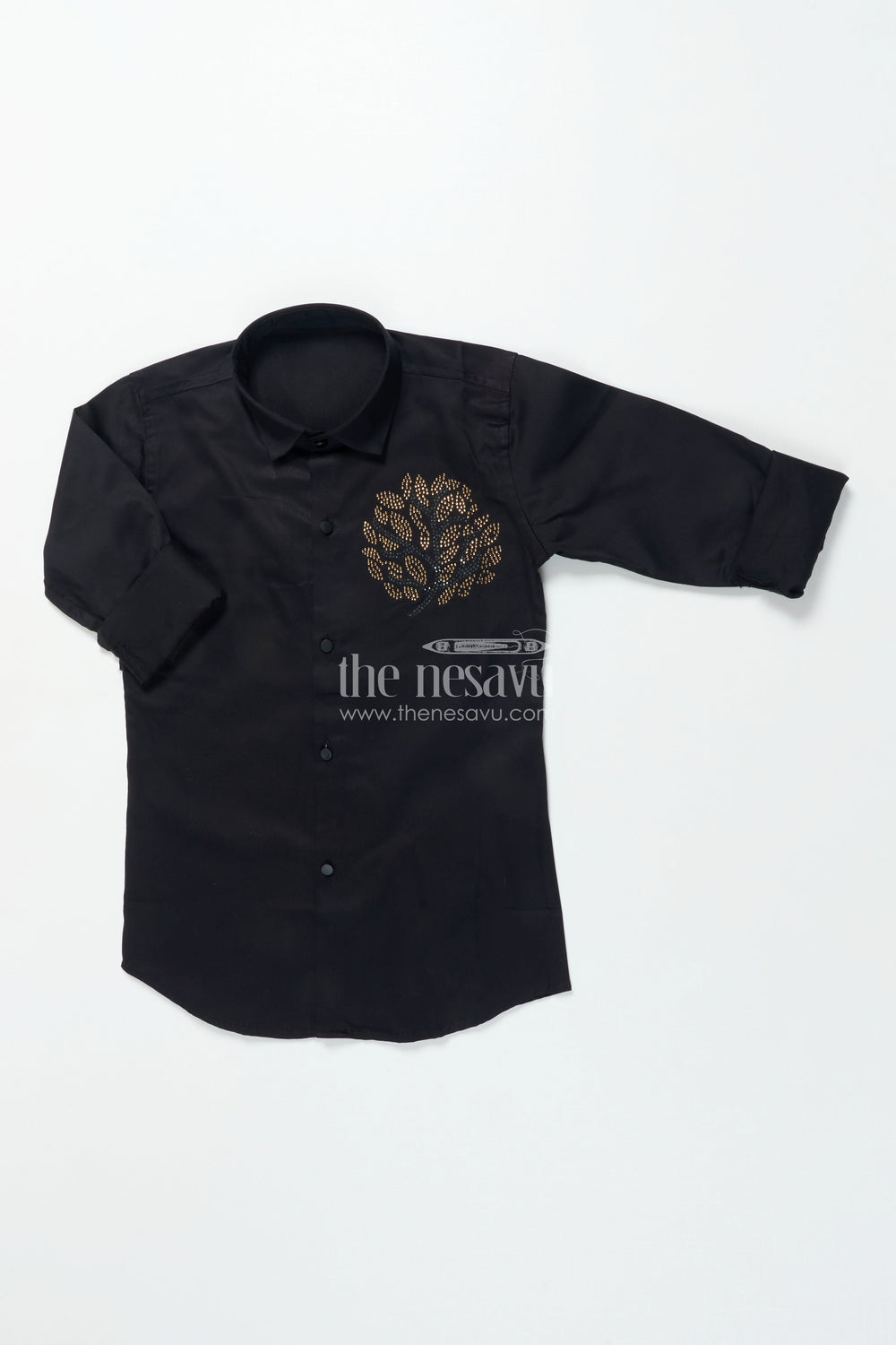 The Nesavu Boys Cotton Shirt Boys Black Cotton Shirt with Golden Leaf Print Festive Designer Wear Nesavu 26 (6Y) / Black BS351A-26 Boys black designer shirt golden print festive cotton shirt boys