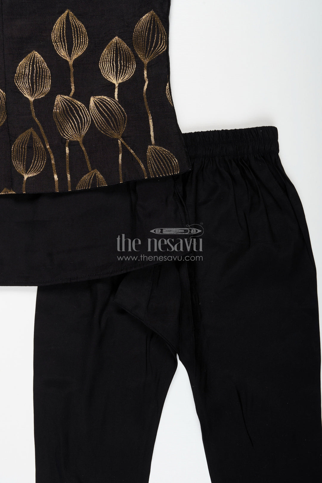 The Nesavu Boys Jacket Sets Boys black jacket set with gold leaf embroidery for Diwali and weddings Nesavu Nesavu boys black jacket set gold embroidery dupatta  ideal Diwali wedding festivities