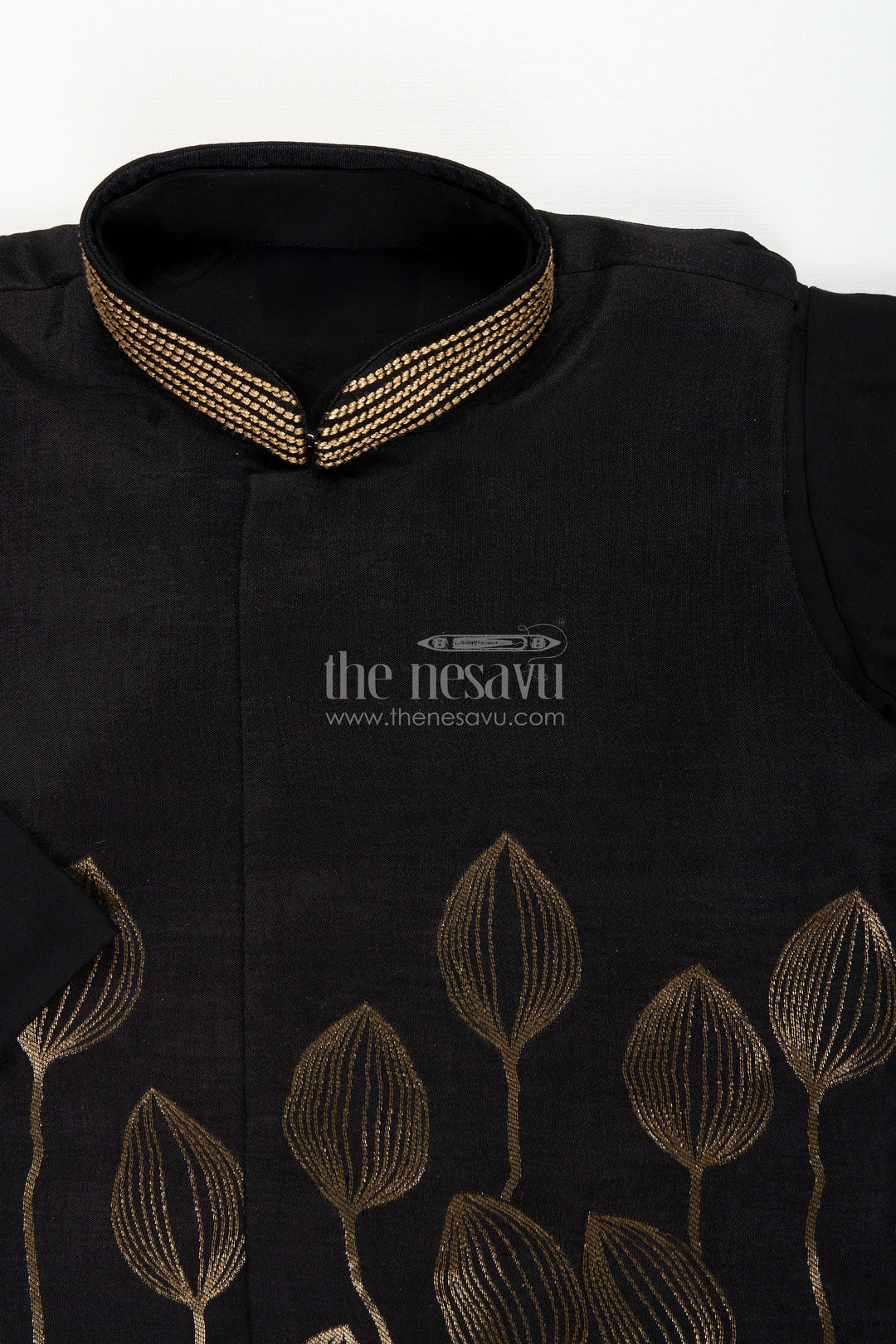 The Nesavu Boys Jacket Sets Boys black jacket set with gold leaf embroidery for Diwali and weddings Nesavu Nesavu boys black jacket set gold embroidery dupatta  ideal Diwali wedding festivities