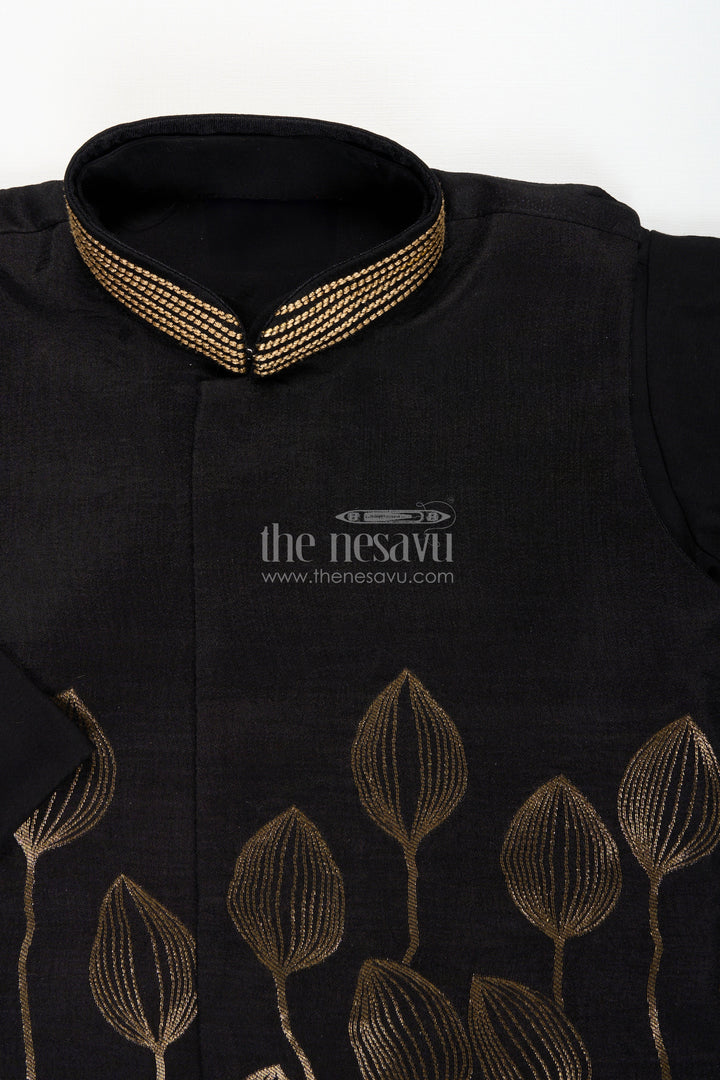The Nesavu Boys Jacket Sets Boys black jacket set with gold leaf embroidery for Diwali and weddings Nesavu Nesavu boys black jacket set gold embroidery dupatta  ideal Diwali wedding festivities