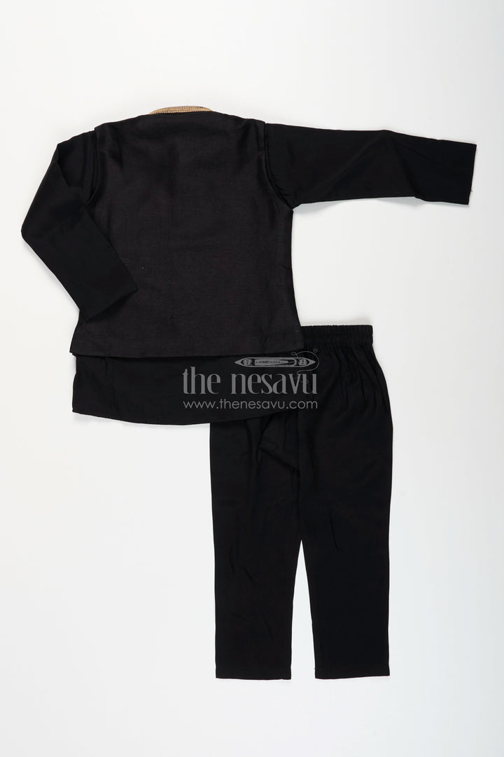 The Nesavu Boys Jacket Sets Boys black jacket set with gold leaf embroidery for Diwali and weddings Nesavu Nesavu boys black jacket set gold embroidery dupatta  ideal Diwali wedding festivities