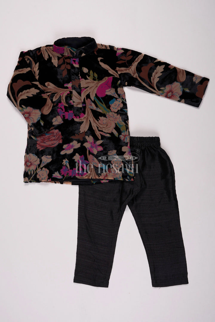 The Nesavu Boys Casual Set Boys Black Velvet Brazzo Casual Wear with Floral Print and Comfortable Pants Nesavu 16 (1Y) / Multicolor BES612A-16 Nesavu Boys Velvet Casual Wear Set Floral Print Shirt Black Pants