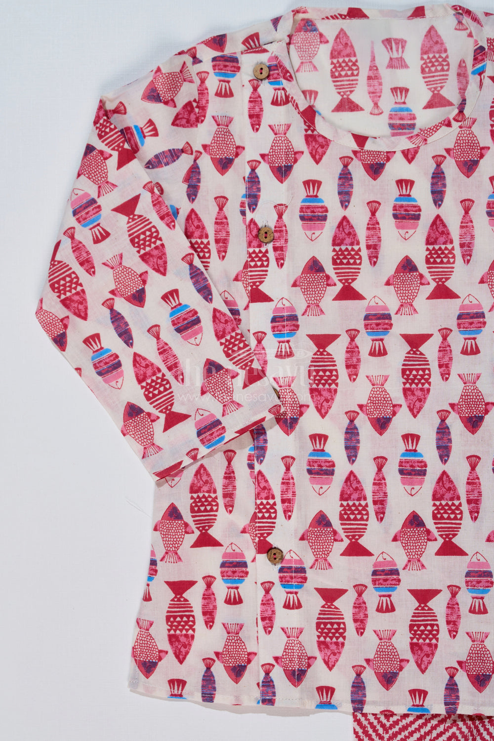 The Nesavu Boys Dothi Set Boys Block Print Dhoti Kurta Set in Cotton with Ethnic Fish Motif Design Nesavu Nesavu Boys Block Print Cotton Dhoti Kurta Set Fish Motif Chevron Dhoti