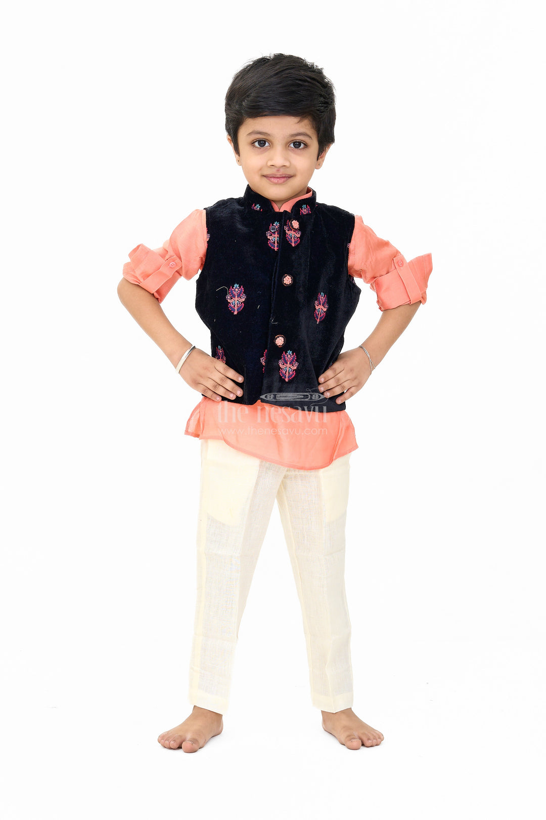 The Nesavu Boys Dothi Set Boys Blue and Peach Kurta Set with Embroidered Nehru Jacket and Cream Pants for Festive Wear Nesavu 14 (6M) / Blue BES625A-14 Nesavu Boys Blue Peach Kurta Set Embroidered Nehru Jacket Cream Pants Weddings