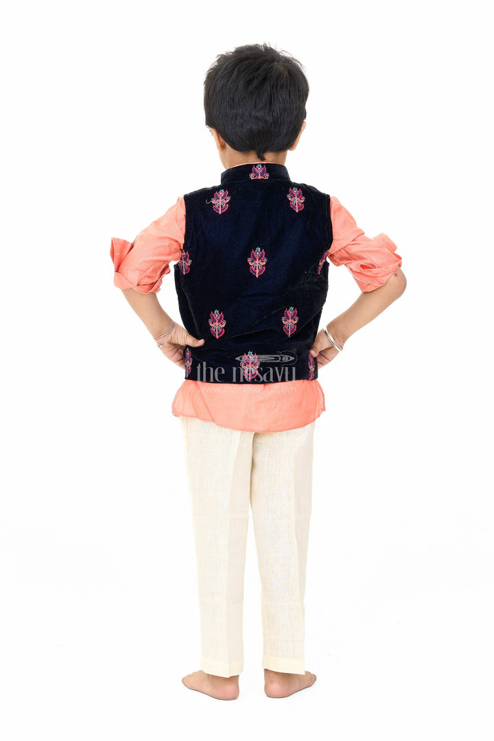 The Nesavu Boys Dothi Set Boys Blue and Peach Kurta Set with Embroidered Nehru Jacket and Cream Pants for Festive Wear Nesavu Nesavu Boys Blue Peach Kurta Set Embroidered Nehru Jacket Cream Pants Weddings
