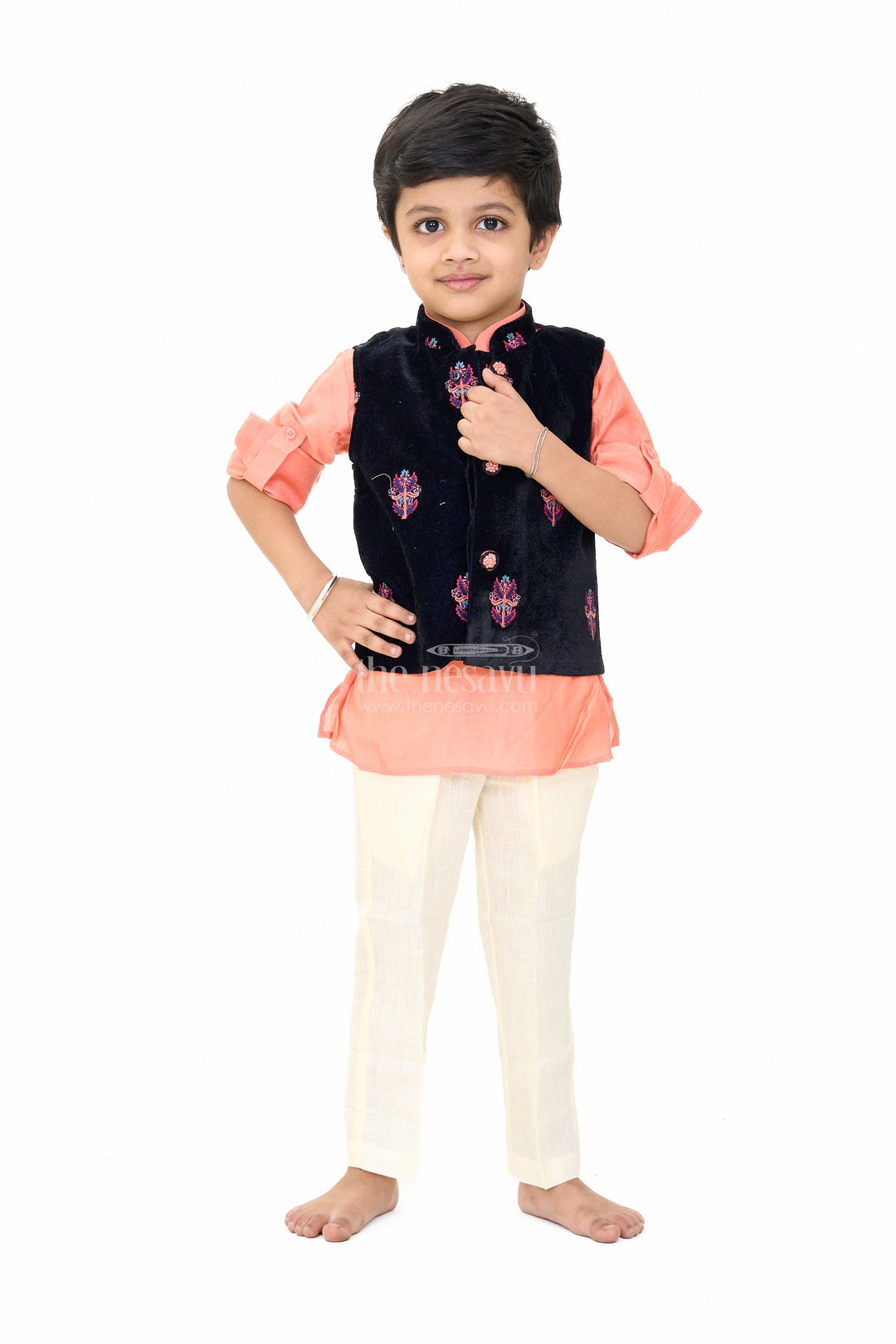 The Nesavu Boys Dothi Set Boys Blue and Peach Kurta Set with Embroidered Nehru Jacket and Cream Pants for Festive Wear Nesavu Nesavu Boys Blue Peach Kurta Set Embroidered Nehru Jacket Cream Pants Weddings
