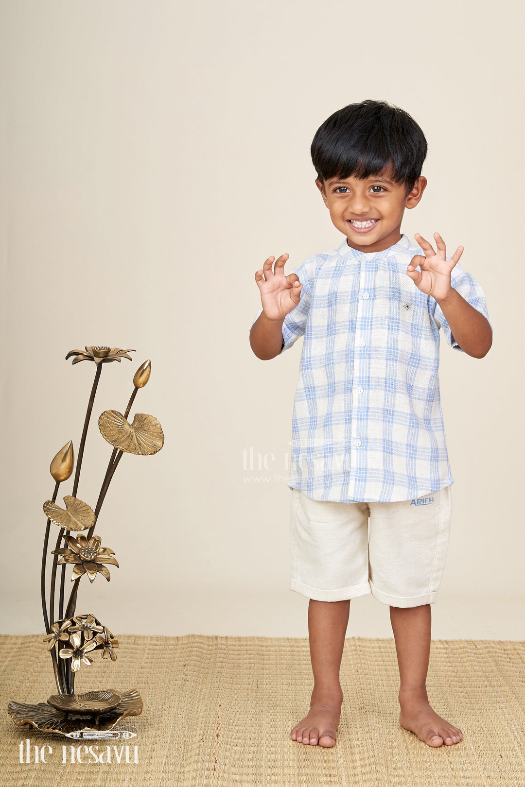 The Nesavu Boys Casual Set Boys blue cotton checks shirt and shorts set for casual wear Nesavu Nesavu boys checked cotton set blue cream summer everyday dressing