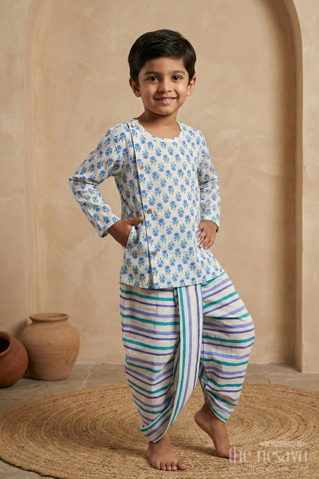 The Nesavu Boys Dothi Set Boys Blue Floral Dhoti Kurta Dress with Striped Cotton Dhoti for Ethnic Wear Nesavu 12 (3M) / Blue BES633A-12 Boys Floral Printed Dhoti Kurta Dress Blue Green Striped Dhoti | The Nesavu