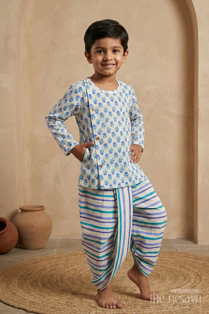 The Nesavu Boys Dothi Set Boys Blue Floral Dhoti Kurta Dress with Striped Cotton Dhoti for Ethnic Wear Nesavu 12 (3M) / Blue BES633A-12 Boys Floral Printed Dhoti Kurta Dress Blue Green Striped Dhoti | The Nesavu