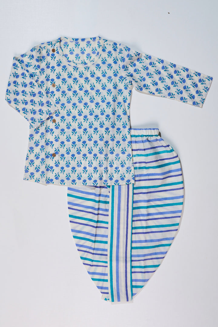The Nesavu Boys Dothi Set Boys Blue Floral Dhoti Kurta Dress with Striped Cotton Dhoti for Ethnic Wear Nesavu 12 (3M) / Blue BES633A-12 Nesavu Boys Floral Printed Dhoti Kurta Dress Blue Green Striped Dhoti