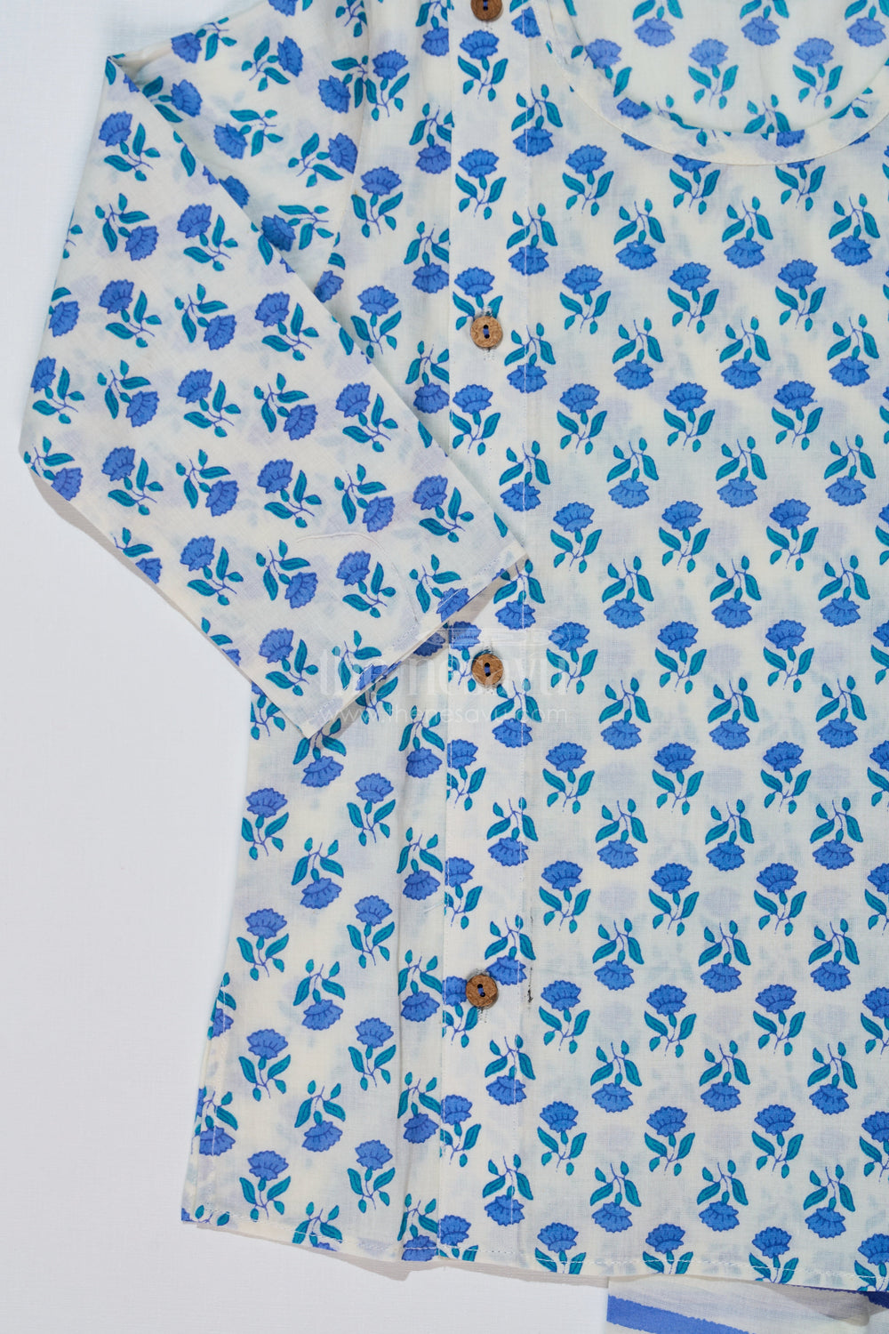 The Nesavu Boys Dothi Set Boys Blue Floral Dhoti Kurta Dress with Striped Cotton Dhoti for Ethnic Wear Nesavu Nesavu Boys Floral Printed Dhoti Kurta Dress Blue Green Striped Dhoti