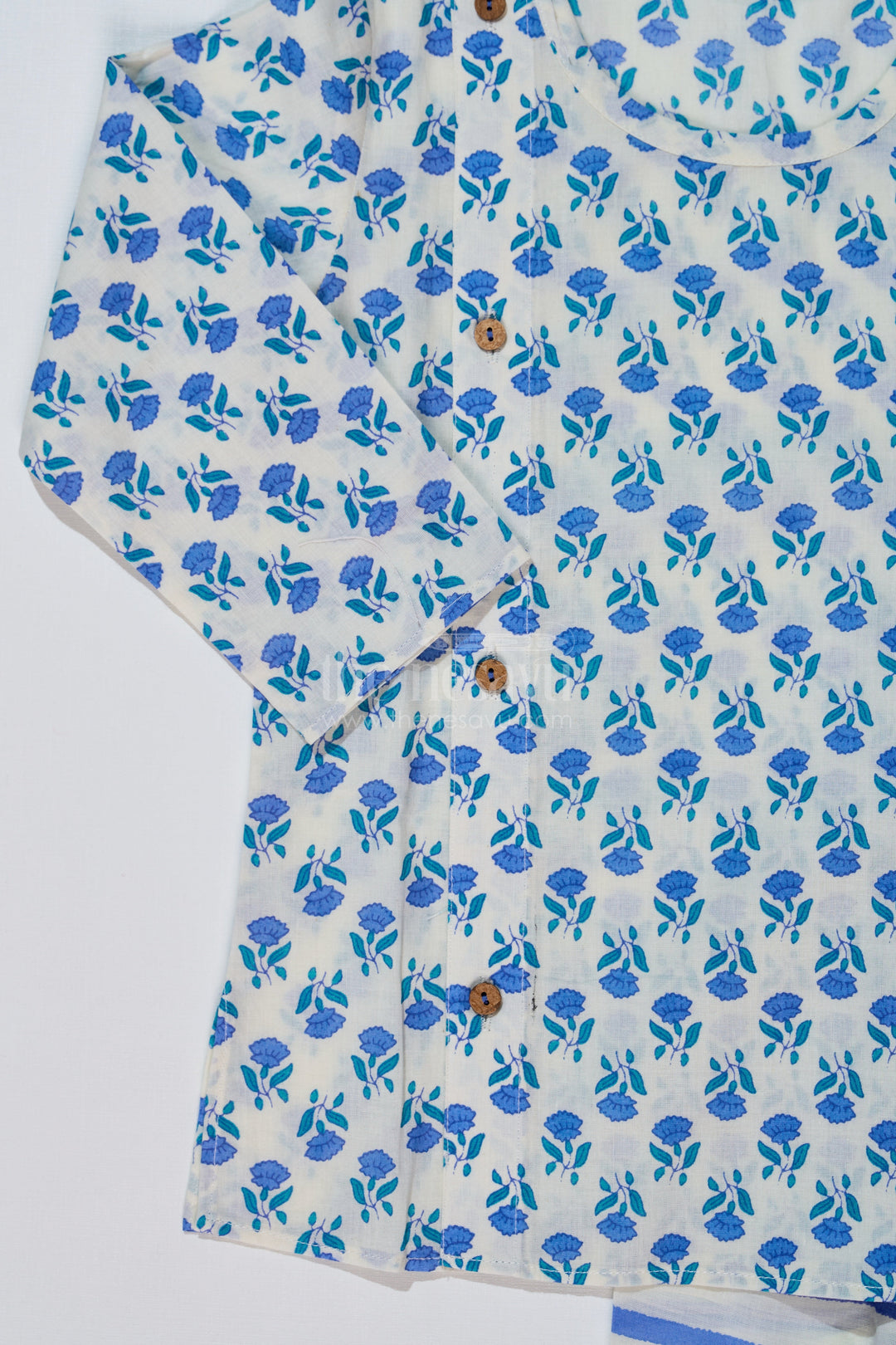 The Nesavu Boys Dothi Set Boys Blue Floral Dhoti Kurta Dress with Striped Cotton Dhoti for Ethnic Wear Nesavu Nesavu Boys Floral Printed Dhoti Kurta Dress Blue Green Striped Dhoti