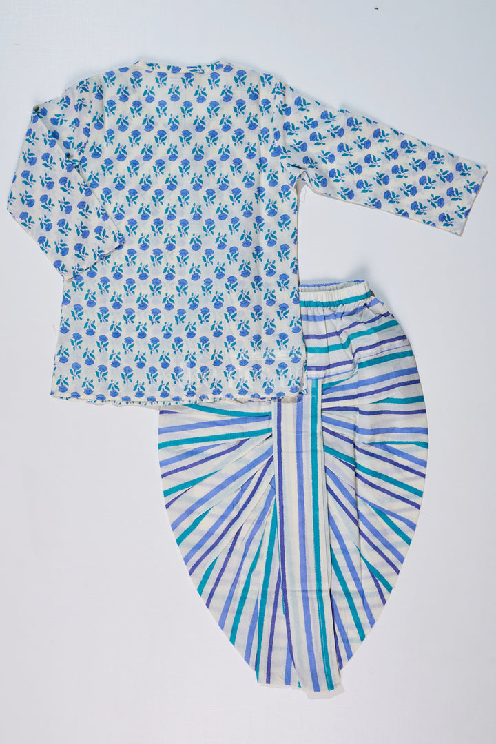 The Nesavu Boys Dothi Set Boys Blue Floral Dhoti Kurta Dress with Striped Cotton Dhoti for Ethnic Wear Nesavu Nesavu Boys Floral Printed Dhoti Kurta Dress Blue Green Striped Dhoti