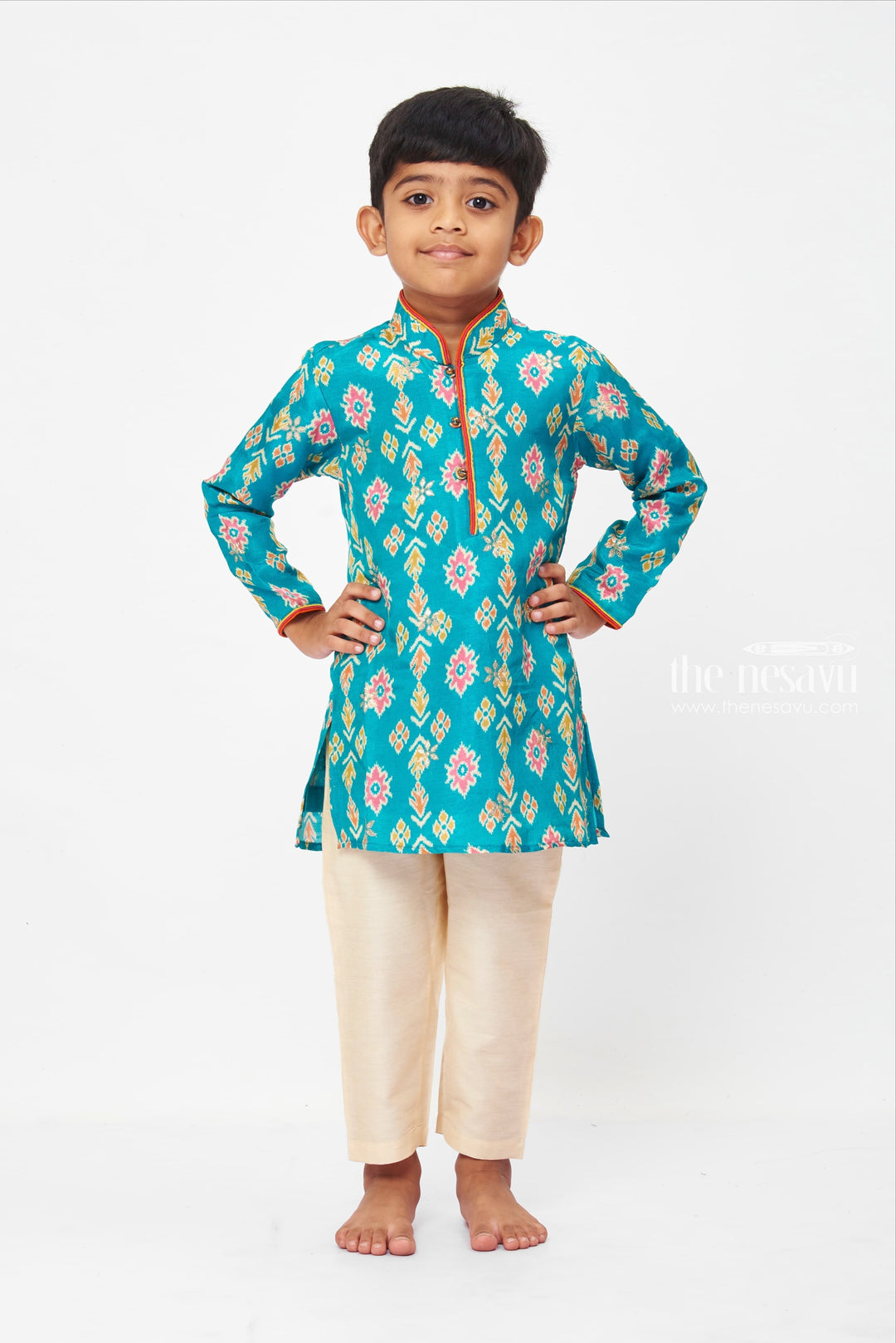 The Nesavu Boys Kurtha Set Boys Blue Ikat Printed Traditional Kurta with Pant Set Traditional and Festive Wear for Kids Nesavu 12 (3M) / Blue / Viscose Silk BES461A-12 Boys Traditional Kurta set | Comfortable Boys' Kurta and Pants | The Nesavu