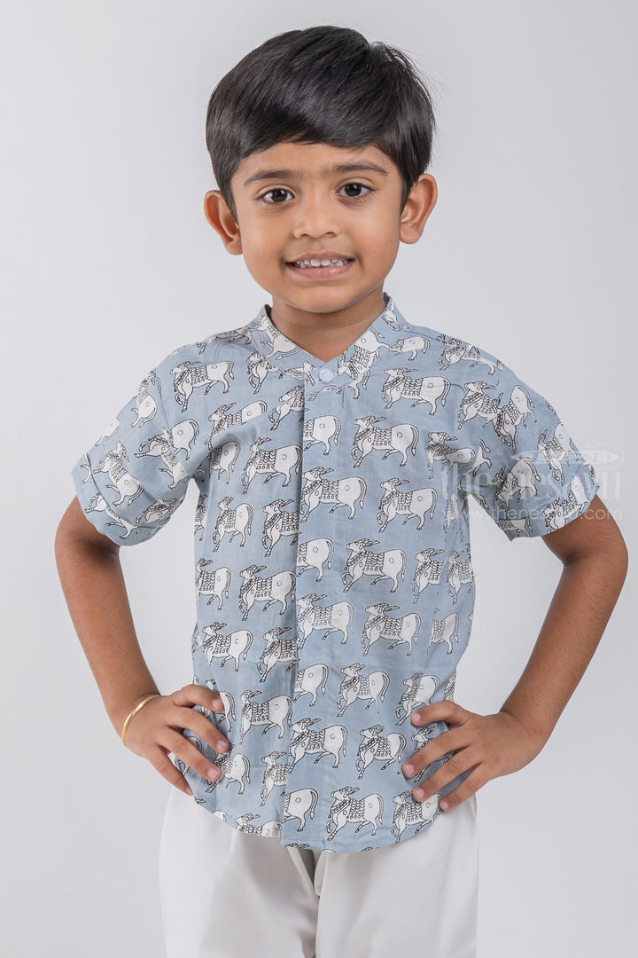 The Nesavu Boys Cotton Shirt Boys Blue Pitchwai Cow Printed Casual Cotton Shirt by The Nesavu psr silks Nesavu 14 (6M) / Blue / Cotton BS043B