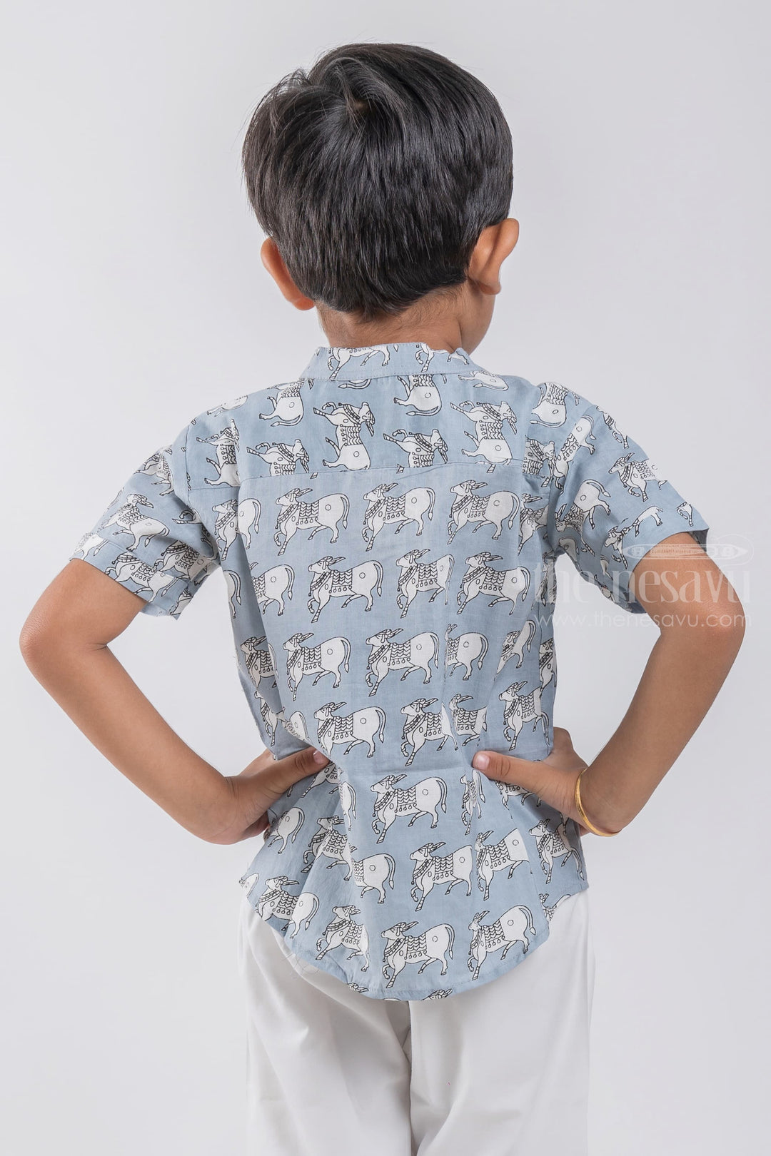 The Nesavu Boys Cotton Shirt Boys Blue Pitchwai Cow Printed Casual Cotton Shirt by The Nesavu psr silks Nesavu