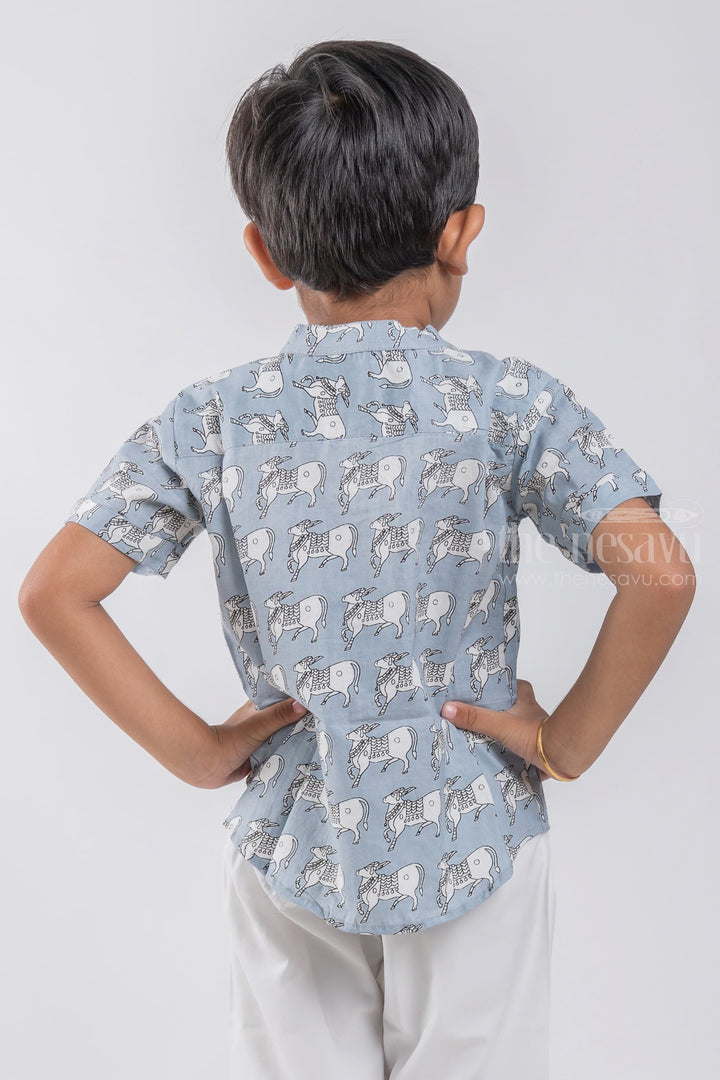 The Nesavu Boys Cotton Shirt Boys Blue Pitchwai Cow Printed Casual Cotton Shirt by The Nesavu psr silks Nesavu