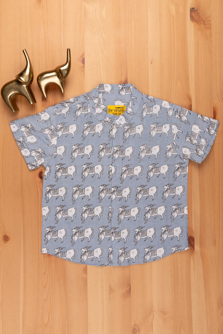 The Nesavu Boys Cotton Shirt Boys Blue Pitchwai Cow Printed Casual Cotton Shirt by The Nesavu psr silks Nesavu