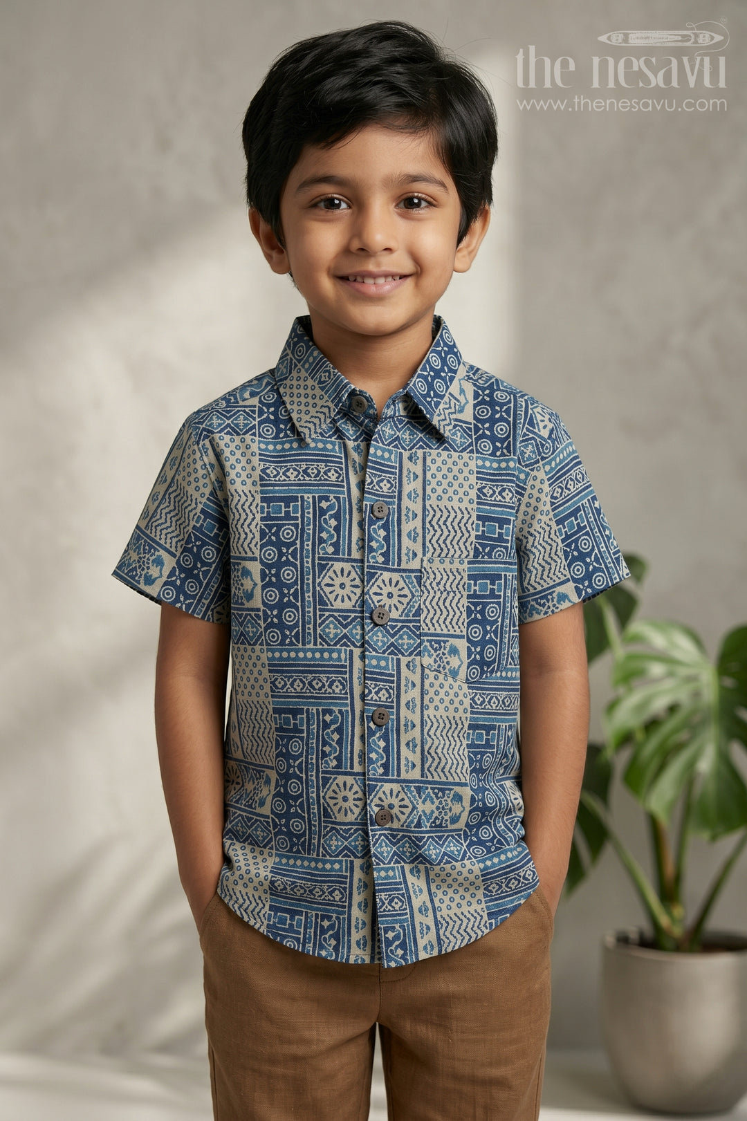 The Nesavu Boys Cotton Shirt Boys Blue Printed Cotton Shirt for Parties and Casual Wear Nesavu 20 (3Y) / Blue / Cotton BS497B-20 Nesavu Boys Blue Cotton Printed Shirt With Geometric Digital Design For Casual Party Wear