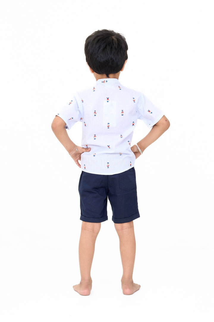 The Nesavu Boys Casual Set Boys Blue Printed Shirt and Black Shorts Set for Casual Outings Nesavu Boys Printed Shirt Black Shorts Set Comfortable Stylish Casual Outfits